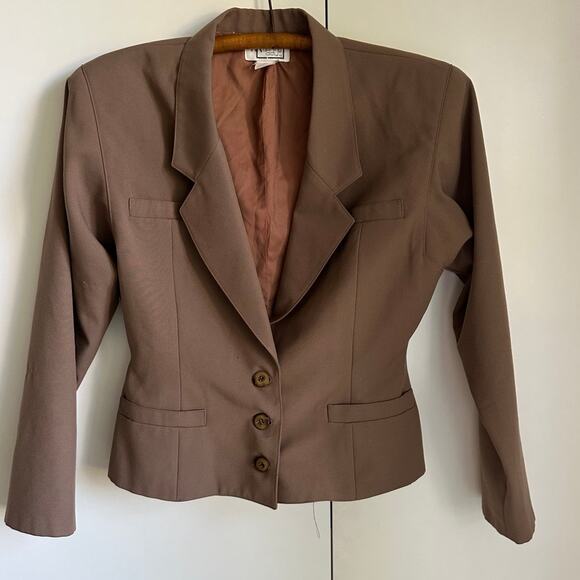 Vintage Womens Cropped Blazer Taupe Size Medium Structured Shoulders Classic - Picture 3 of 9